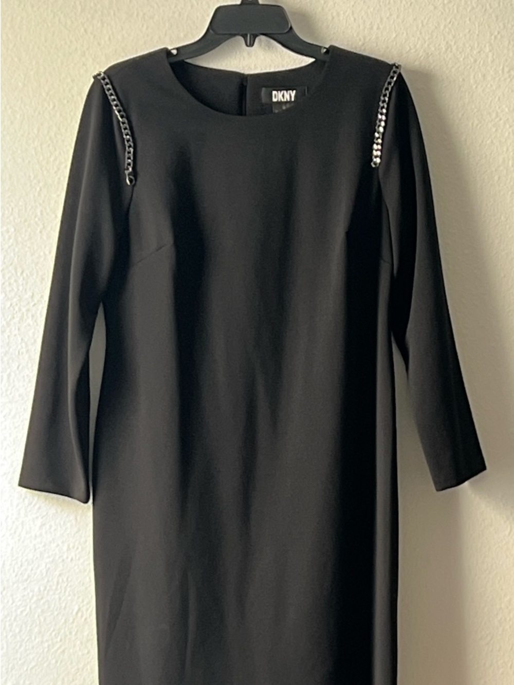 DKNY Elegant Black Long-Sleeve Sheath Dress with Chain Shoulder Detail, Size 14